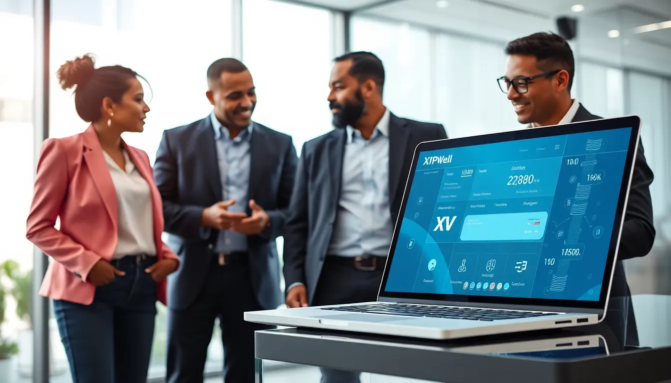 diverse professionals discussing an innovative payment platform in a modern office.